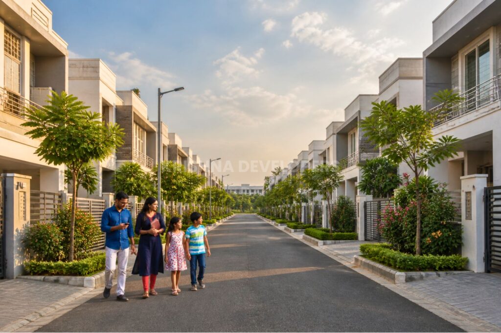multi-generation family walking in gated community with villas in Phulnakhara Odisha
